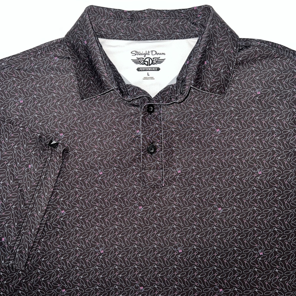 Straight Down Men's‎ Golf Polo Black Bowling Pin Print Size Large Short Sleeve